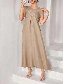 SHEIN Najma 女款圓領花卉蕾絲拼接短袖阿拉伯風洋裝 - 卡其色 - 查看 4