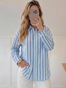 青少年女孩條紋拼接單排扣休閒百搭日常穿著襯衫 - 淺藍色 - 查看 5