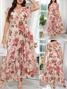 SHEIN Clasi 大码女式碎花荷叶袖优雅连衣裙 - 彩色 - 查看 2