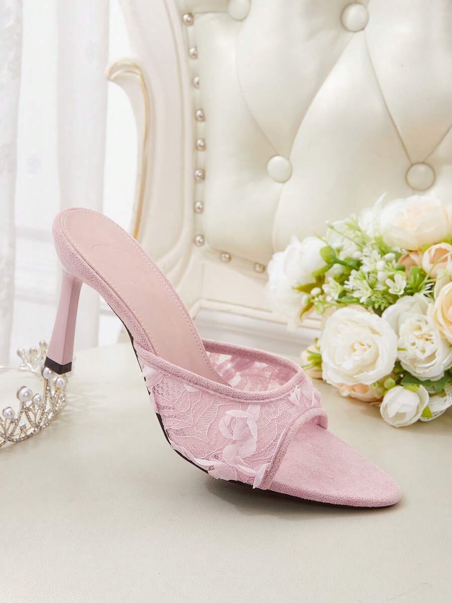 CUCCOO HITCHD Spitze dreidimensionale Rosen Quadratzehen schmale Absatz Sandalen, Außenbekleidung, Feen Hochzeitsschuhe - Pink - Übersicht 1