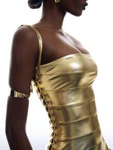 LYSMO 2026 New Arrive Minimalism Summer Women's Sexy Fashion Metallic Texture Strappy Dress Night Out Gold Summer Party Outfit Women - Gold - View 7