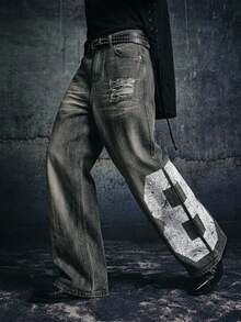 Manfinity Roghcode Street Fashion Washed Distressed Faux-Worn Gray Loose Straight Leg Twill Denim Jeans - Multicolor - View 5