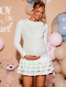SHEIN Gaun Hamil Polos Leher Bulat Lengan Panjang dengan Hiasan Ruffle di Bagian Bawah - Putih - View 13