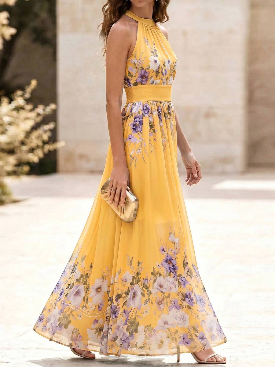 Balvessa 女款雪紡掛脖中長洋裝,局部印花設計,優雅春夏季度假風 - 彩色 - 查看 1