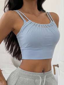 DAZY Mesh Patchwork Ruched Double Strap Padded Solid Color Slight Push-Up Sports Bra For Women - Baby Blue - View 3