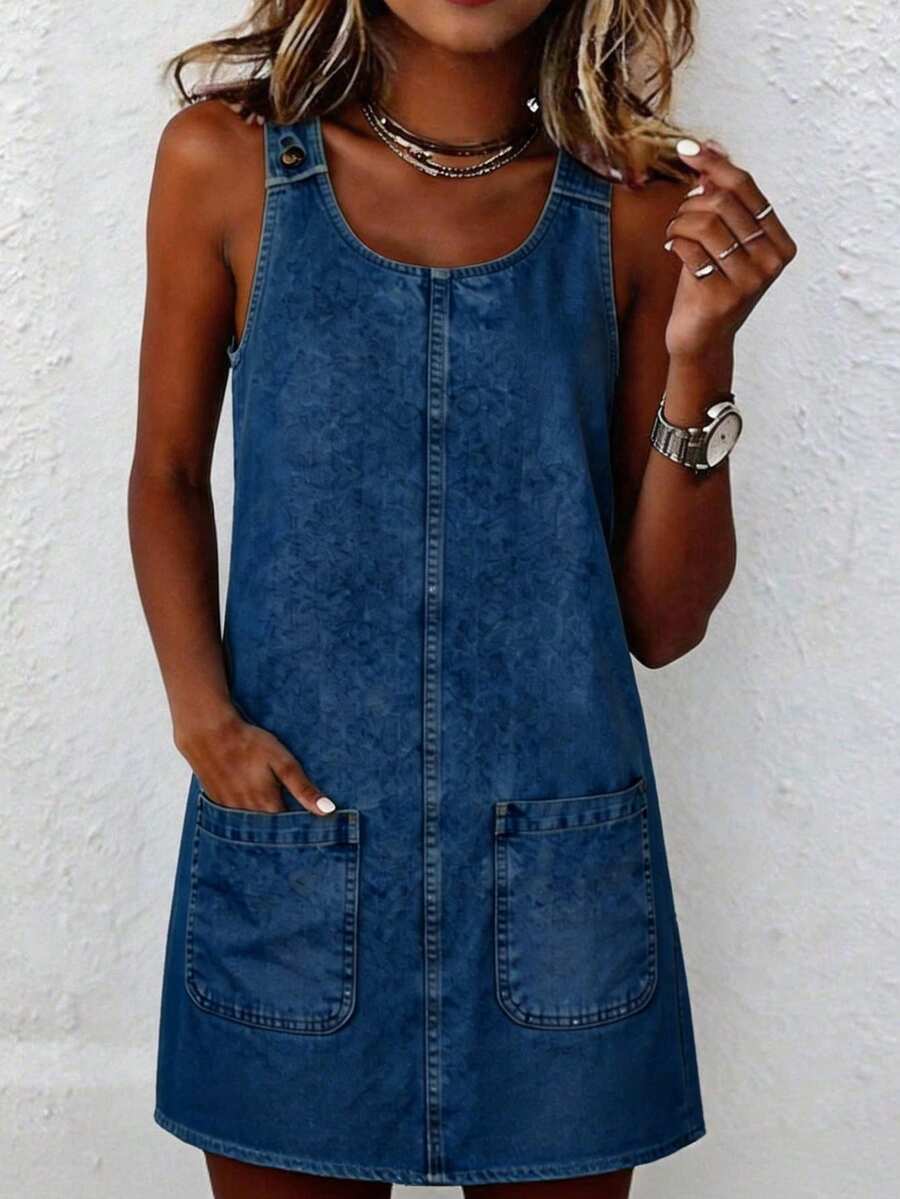 EMERY ROSE Women's Autumn Vacation Denim Effect Sleeveless Short Dress Vacation Aqua Blue Casual - Dark Wash - View 1