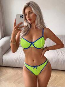 SuitURBody 2件套女士性感蕾丝拼接内衣套装，薄款文胸和内裤 - 黃色 - 查看 4