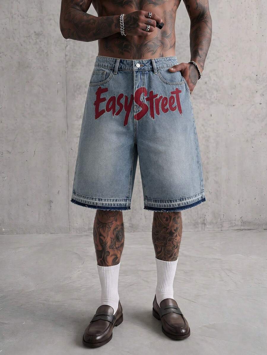 AXEPEAK Celana Pendek Denim Pria dengan Cetakan Huruf, Saku, Kancing, Kasual, Serbaguna, untuk Perjalanan Sehari-hari - Biru - View 1