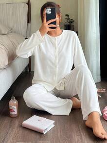 Minimalist Button Front Loungewear Pajama Set – Soft Two Pieces Long Sleeve Top & Wide Leg Pants In Solid White - Beige - View 1