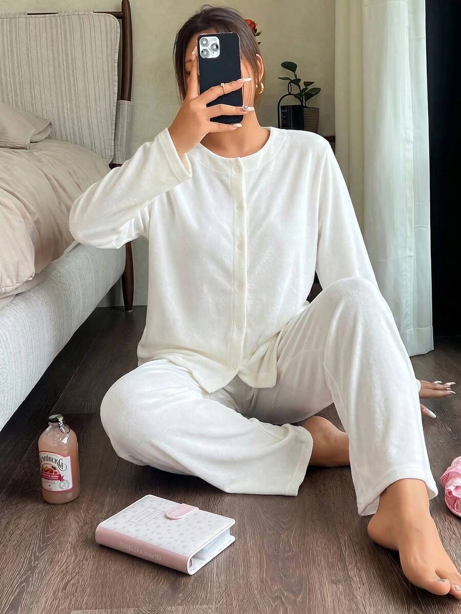 Minimalist Button Front Loungewear Pajama Set – Soft Two Pieces Long Sleeve Top & Wide Leg Pants In Solid White - Beige - View 1