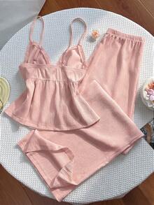 Sweetra Y2K Textured Fabric Patchwork Lace Trim Wide Leg Pants Set, Versatile For Commute And Vacation - Pink - View 2