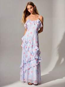 Willow Rêve Floral Print Faux Silk Ruffle Hem Spaghetti Strap Backless Light Blue Women's Maxi Dress - Dusty Purple - View 5