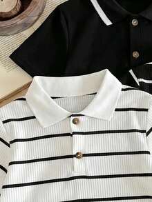 SHEIN 兒童小男孩休閒 3 件套短袖 Polo 衫套裝 - 黑與白 - 查看 3