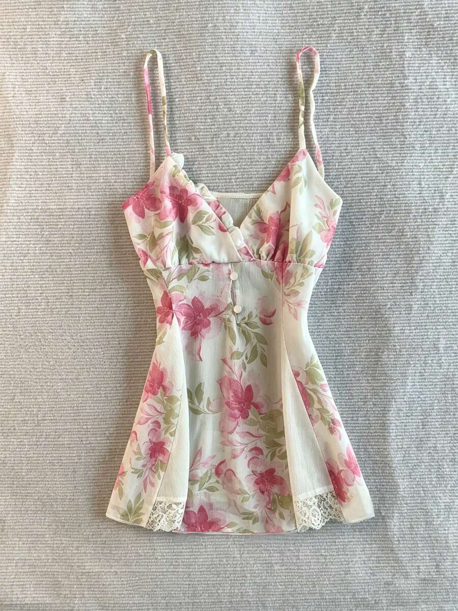 IslaSuriya 女款夏季新款碎花甜美度假風荷葉邊飾V領蕾絲拼接下擺雪紡半透感細肩帶背心 - 白色 - 查看 1