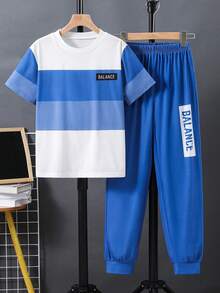 SHEIN Kids Tween Boy Casual Colorblock Patchwork Letter Print Crew Neck Short Sleeve T-Shirt And Shorts Set, Suitable For Commuting, School, Daily Casual, Outings, Sports, Spring And Summer - Blue - View 2