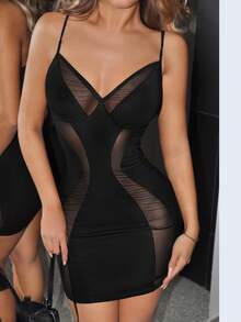 SHEIN ICON 女款法式性感透視網紗細肩帶洋裝 - 黑色 - 查看 6