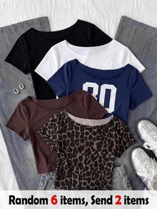 SHEIN 青少年女孩純色時尚極簡圓領短袖T恤2件套 - 黑與白 - 查看 3
