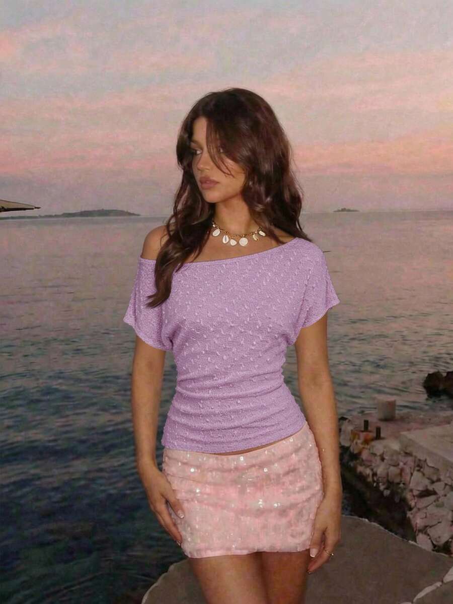 SHEIN MOD Camiseta casual versátil de primavera/verano con hombro asimétrico y fruncido - Púrpura malva - Ver 1