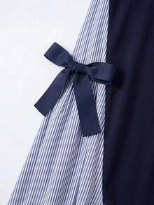 Robe à rayures et patchwork avec décoration de nœud pour adolescentes - Bleu marine - Voir 7