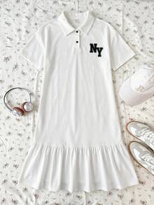 青少年女孩深藍色 Polo 領刺繡圖案荷葉邊休閒洋裝，校服風格，適合學校、戶外活動、購物、日常穿著 - 白色 - 查看 3