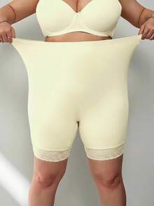 SHEIN CURVE+ 1pc Plus Size Women Lace Patchwork High Waist Shaping Shorts - Apricot - View 1
