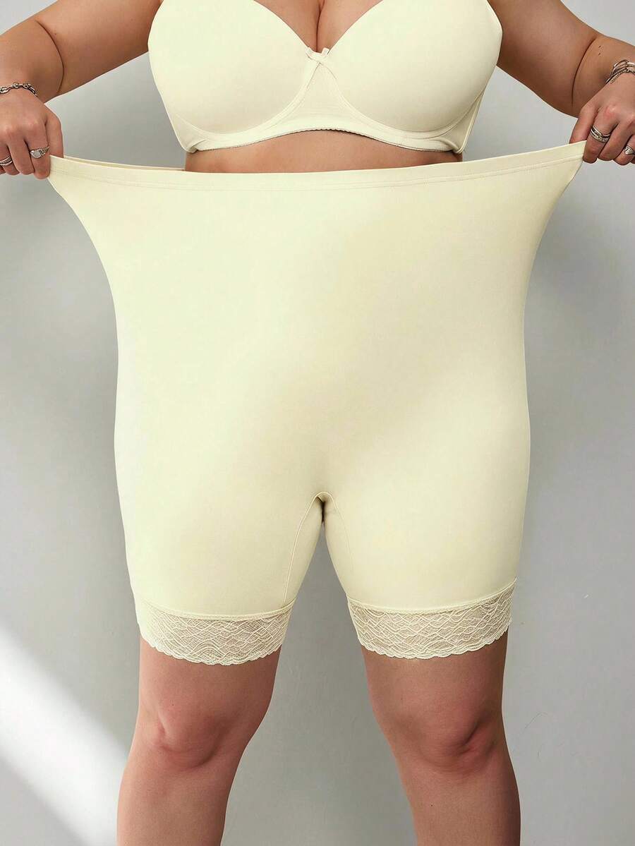SHEIN CURVE+ 1pc Plus Size Women Lace Patchwork High Waist Shaping Shorts - Apricot - View 1