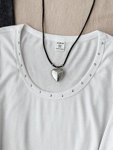 SHEIN 青少年女孩 T-Shirt 春秋冬新款 白色羅紋鉚釘裝飾 U領修身長袖 T-Shirt - 白色 - 查看 8