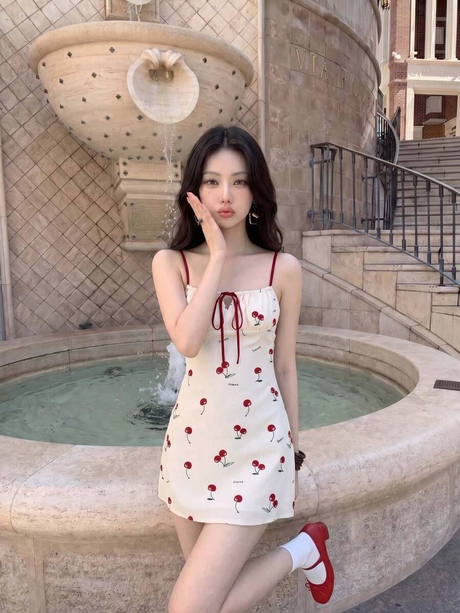 Skyraze Cherry Blossom Print Ruched Bust Cami Dress, Spring, Tea Party Vacation Women, Summer Outfits, Carnival Costume, Beach, Cute Cottagecore, Off-White