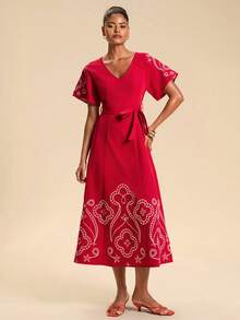 Travachic Women's Elegant Bohemian V-Neck Embroidered Tie-Waist Vacation Dress ,Autumn - Red - View 3