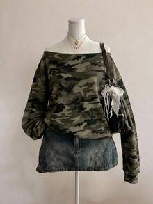SHEIN EZwear 女款休閒衛衣，迷彩印花，露肩衛衣，女款秋冬服飾，街頭風，適合日常通勤、約會、聚會、秋冬、夏季、聖誕節、新年、感恩節、派對、婚禮、海灘、畢業典禮，優雅、休閒、外出 - 彩色 - 查看 5