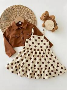 SHEIN LMoss Kids 2件套女婴纯色梭织休闲外套和波点吊带连衣裙套装 - 彩色 - 查看 7
