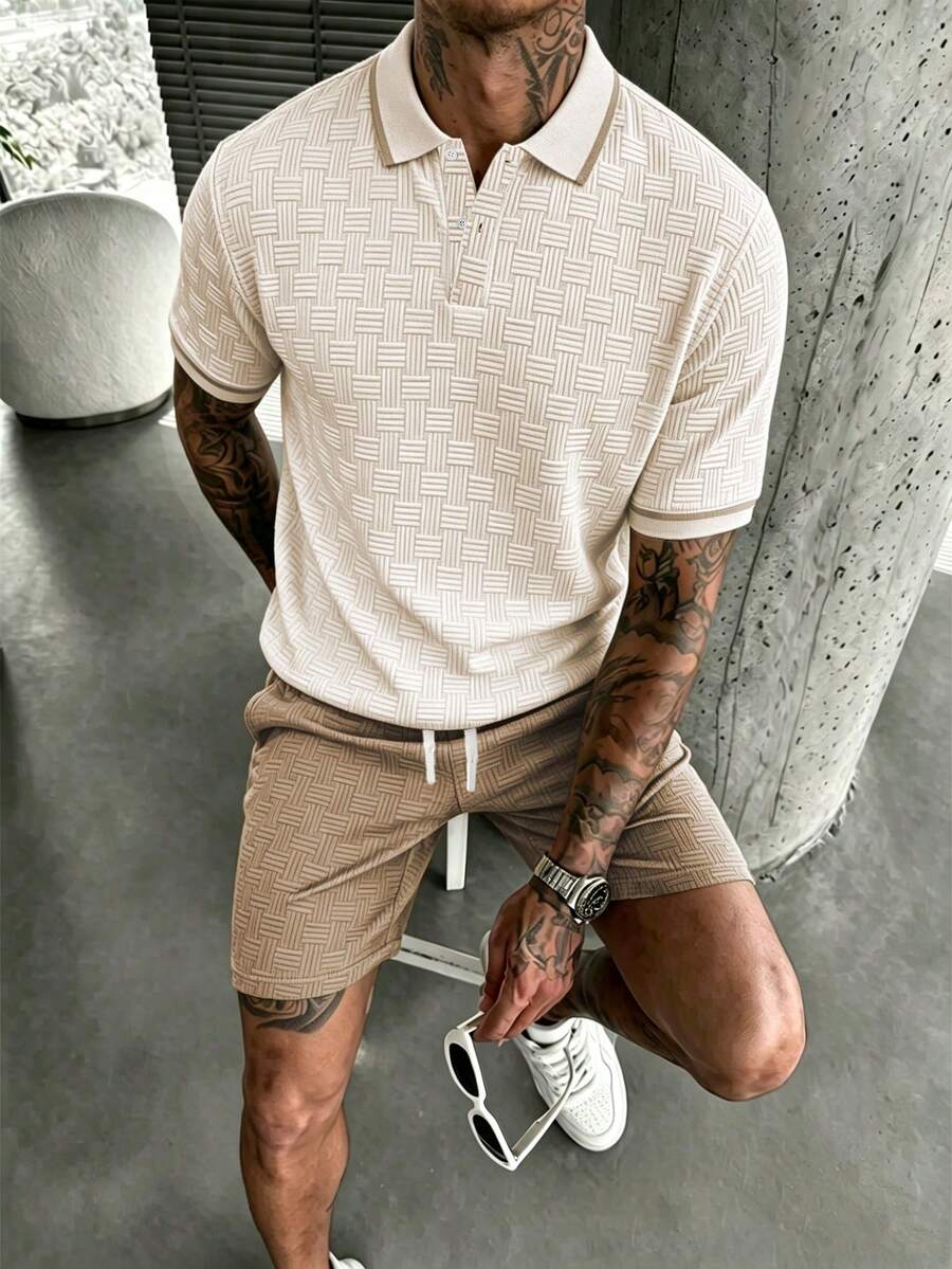 Manfinity CasualCool Men's Summer Casual Contrast Trim Textured Short Sleeve Polo Shirt And Shorts - Apricot - View 1