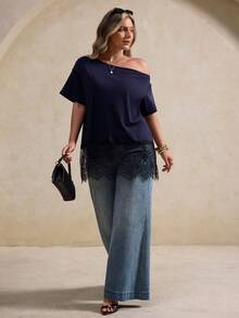 Elegantrix Women's Plus Size 1pc Spring/Summer Asymmetrical Shoulder Design Eyelash Lace Hem Splice Loose Fit Slimming Sexy Hot Girl Style Date Commute T-Shirt Top - Navy Blue - View 5