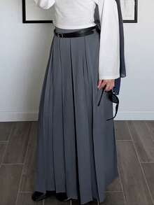 Solavon Women's Solid Color Elegant Commuter Pleated Skirt - Grey - View 3