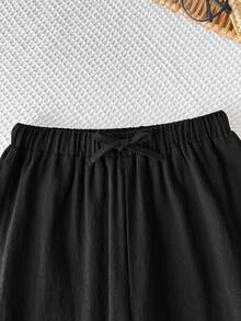 SHEIN 青少年女孩夏季復古休閒對比白色飾邊下擺寬鬆純黑色寬腿長褲 開學度假褲 - 黑色 - 查看 4