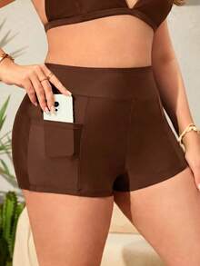 SHEIN Swim 大尺碼極簡純色口袋短褲泳裝下身 - 咖啡棕 - 查看 1