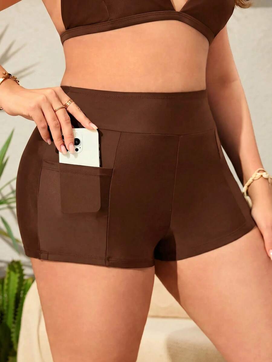 SHEIN Swim 大尺碼極簡純色口袋短褲泳裝下身 - 咖啡棕 - 查看 1