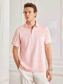 Officeau Men's Summer Lightweight Fabric Polo Shirt Slim Fit Short Sleeve Solid Color Collar Top, Suitable For Daily, Commute, Office, Light Sports - Dusty Pink - View 8