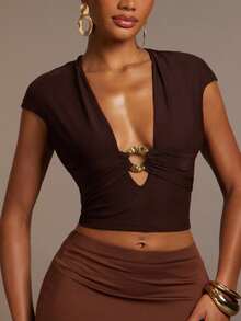 Hauture Women's Sexy Elegant Casual Solid Color Deep V-Neck Top With Stylish O Ring Decor, Perfect For Summer Vacations, Going Out Night Club Night Brown - Black - View 3