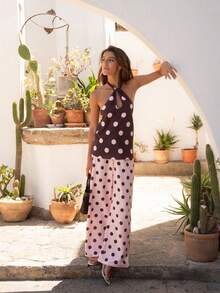Nöista Setelan Atasan Halter Polkadot dan Celana Panjang Lebar dengan Desain yang Serasi. Sempurna untuk Liburan, Pesta, Liburan di Resor, dan Gaya yang Menonjol. - Berwarna merah muda - View 11