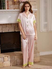 Moireta French Elegant Romantic Lace Patchwork Contrast Color Satin Lapel Front Opening Women's Pajama Set - Baby Pink - View 5
