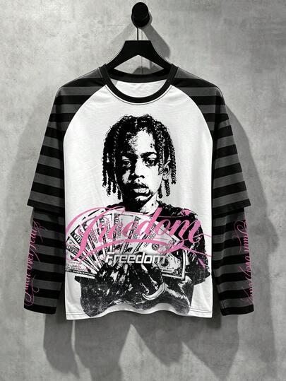 Manfinity EMRG White Body Black & Grey Striped Raglan Long Sleeve Men's 2 In 1 T-Shirt, Vintage Y2K Pink Freedom Portrait Dollar Bill Print Top, Gothic Streetwear Style, Spring/Summer Vacation Music Festival Concert Club Commute Casual Fitness Daily Streetwear