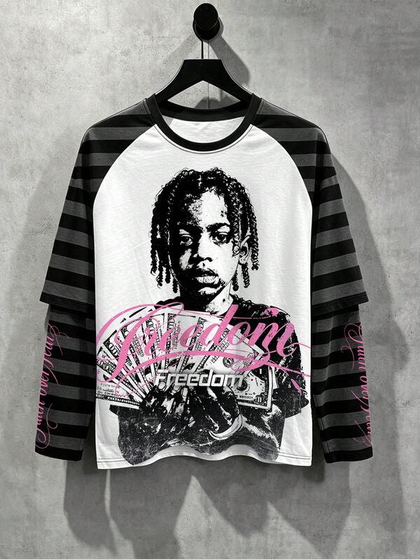 Manfinity EMRG White Body Black & Grey Striped Raglan Long Sleeve Men's 2 In 1 T-Shirt, Vintage Y2K Pink Freedom Portrait Dollar Bill Print Top, Gothic Streetwear Style, Spring/Summer Vacation Music Festival Concert Club Commute Casual Fitness Daily Streetwear
