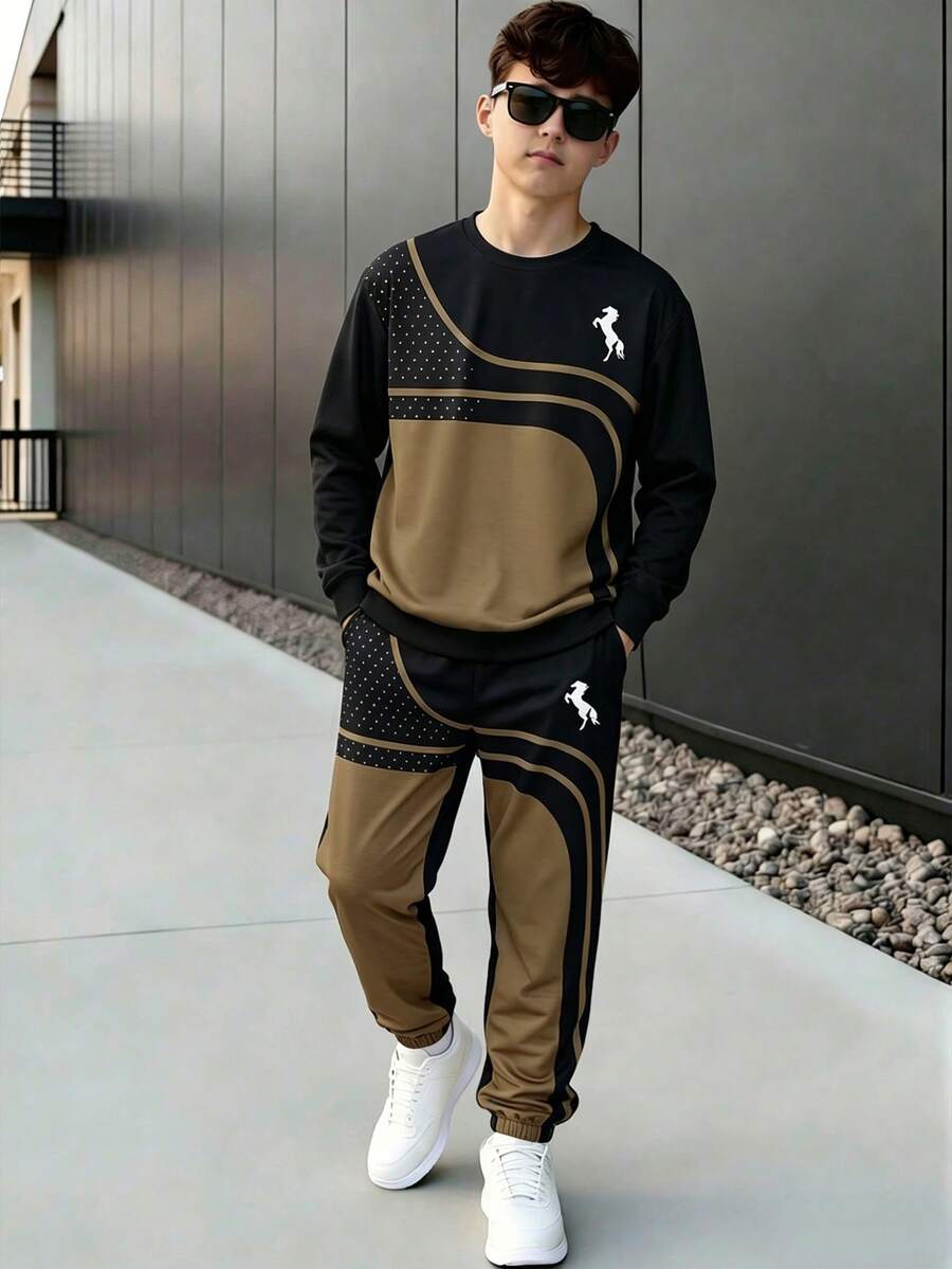 SHEIN Vacaura 青少年男孩黑色運動衫褲套裝,胸前圖案印花,街頭風寬鬆,春秋款,校園穿搭,兩件套,Sixth Form 騎行風 - 卡其色 - 查看 1