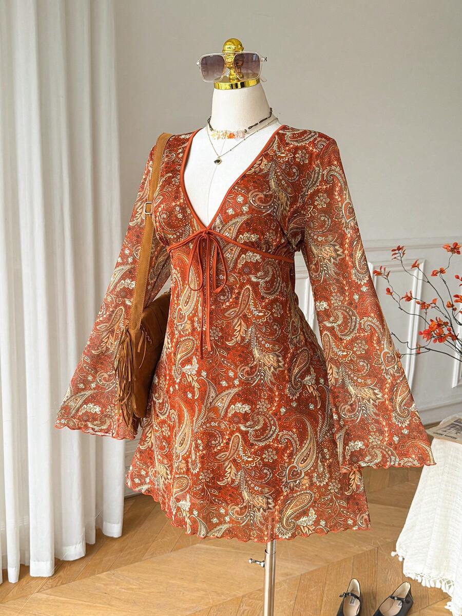 Comfortcana Spring/Summer Tie-Dye Floral Mesh Print Flare Sleeve V-Neck Vacation Casual Plus Size A-Line Dress Fall - Burgundy - View 1