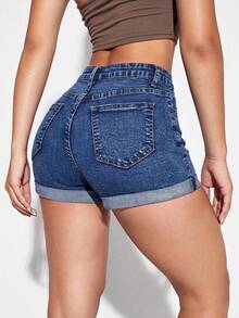 Flexra Celana Pendek Denim Kasual Minimalis Warna Polos untuk Wanita - Dark Wash - View 2