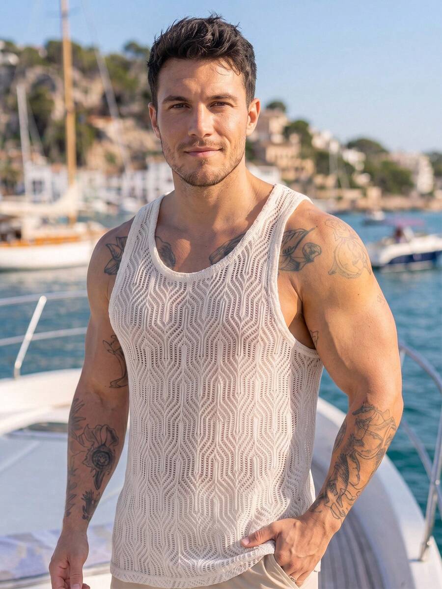 Maristyn Chaleco de punto de cuello redondo con calados de unicolor para vacaciones de hombre, vacaciones - Albaricoque - Ver 1