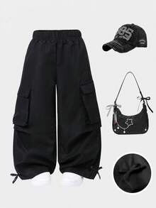 SHEIN 少女春/秋季黑色長褲，附2個側口袋，時尚百搭，適合日常穿著、居家、外出與聚會 - 黑色 - 查看 1