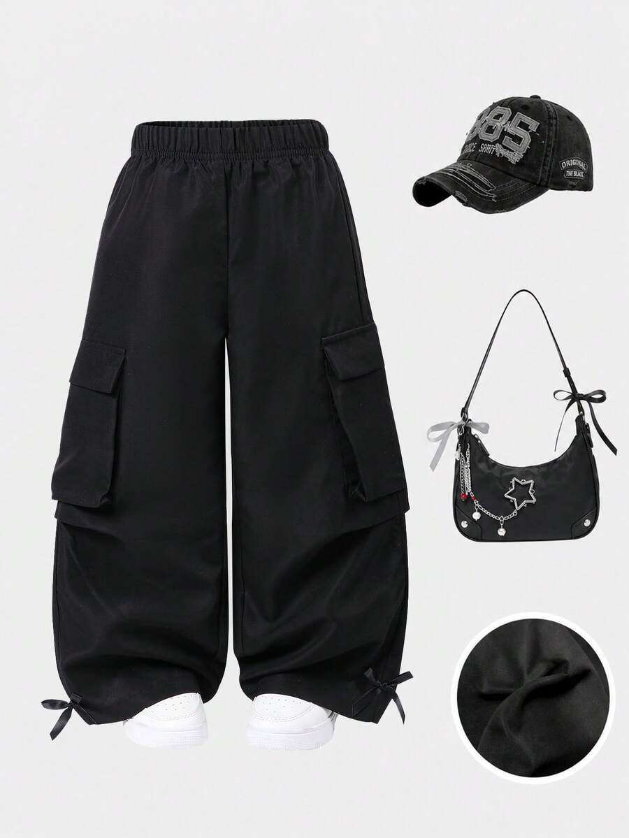 SHEIN 少女春/秋季黑色長褲,附2個側口袋,時尚百搭,適合日常穿著、居家、外出與聚會 - 黑色 - 查看 1