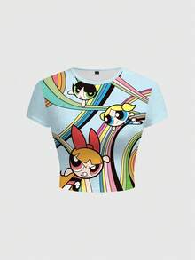 THE POWERPUFF GIRLS X SHEIN 女款卡通印花圓領短袖修身休閒T恤 - 白色 - 查看 1